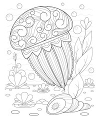 Hand drawn decorative jellyfish in the waves and with seaweed