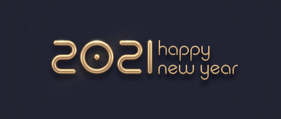 Realistic gold metal logo of 2021 new year on black background. New year greeting card. Design for poster, flyer, invitation, postcard, advertising.