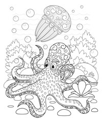 Hand drawn decorative jellyfish and octopus