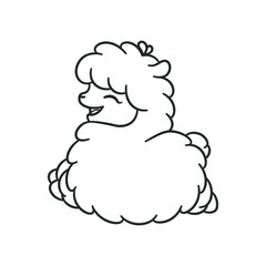 Happy leaping fluffy alpaca, sheep, llama animal cartoon outline. Easy fun coloring book page activity worksheet for kids children. Simple flat black and white vector illustration design. 