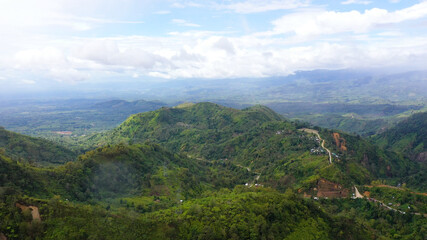 Lush green rainforest in the mountains. Aerial drone view of the jungle located on the island of Mindanao, Philippines.