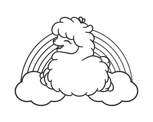Happy fluffy alpaca, sheep, llama animal on rainbow and clouds cartoon outline. Easy coloring book page activity worksheet for kids children. Simple flat black and white vector illustration design. 