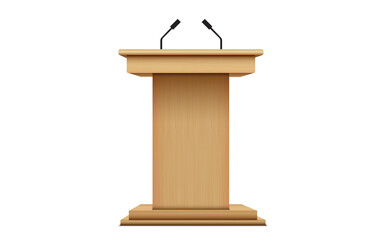 wooden announcement podium and microphone on the white background