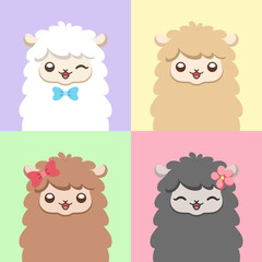 Cute sheep, alpaca, llama animal cartoon characters with different colors and happy facial expressions, set of 4. Simple flat vector illustration design.
