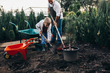 little boy with his grandfather in family tree nursery