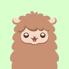 Cute brown fluffy sheep, alpaca, llama animal cartoon character head, with happy facial expression, vector illustration design on green background.