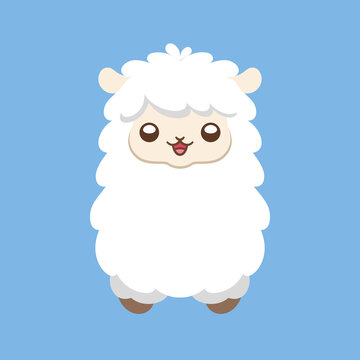 Cute white fluffy sheep, alpaca, llama animal cartoon character head, with happy facial expression, vector illustration design on blue background.