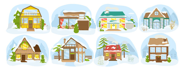 Winter country buildings, snow houses in village, cottages set of icons isolated vector illustrations. Festive Christmas country homes in forest. Wooden houses, town architecture.