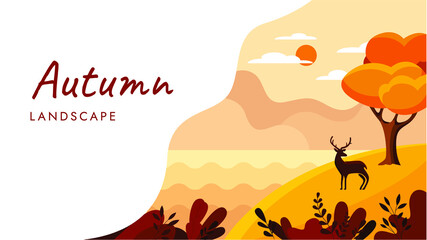 Beautiful fall landscape flat design concept. Deer standing in the forest on a background of mountains. Wild nature vector illustration.