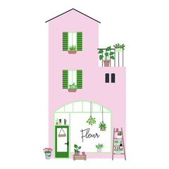 Fototapeta premium Flower shop exterior cartoon vector illustration. Florist place shopfront flat color object. Cute building with awning and tulip.Floral store isolated on white background