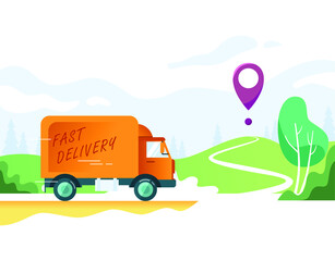 Delivery truck drives to destination. Concept for online map, tracking, service. Vector illustration.