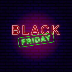 Black Friday sale. Black Friday neon sign on brick wall background. Glowing white and red neon text in blue frame for advertising and promoti