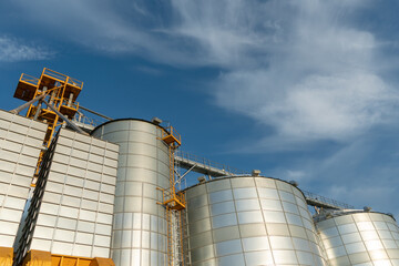 silver silos on agro manufacturing plant for processing drying cleaning and storage of agricultural products, flour, cereals and grain. Large iron barrels of grain. Granary elevator