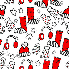 Bright seamless pattern with winter clothes in hand drawn style. Vector illustration