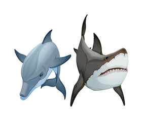Couple of animals, dolphin and shark. Vector isolated items.
