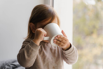 Child drink cocoa or milk near the window from big white mug. mock up of cup. christmas time