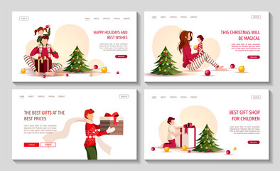 Set of web pages for Merry Christmas and Happy New Year with family, christmas trees and gifts. Vector illustration for poster, banner, cover, website.