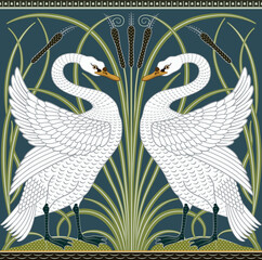 White swan decorative border pattern on dark green background. Vector illustration. - 390587677