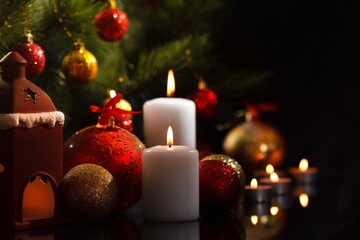 New Year card. Сhristmas decoration holiday tree. New Year card. Burning New Year's candles.