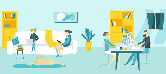 Online education at home, vector illustration. Family character learning at home with computer, laptop on quarantine. School study by internet, training courses, educational video lessons online.