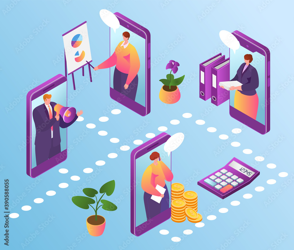 Poster online office technology, business management in internet vector illustration. businessman using fin