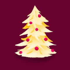 hand drawn golden christmas tree with pink balls raster illustration