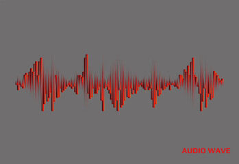 Red music wave logo on grey background. Digital audio concept. Vector colorful pulse equalizer illustration.