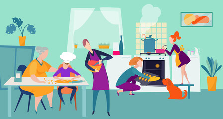 People cooking at home, family together at kitchen happy chef vector illustration. Mother and daughter baking in cooker, grandmother in cook cap with father and boy making dough for cookies.