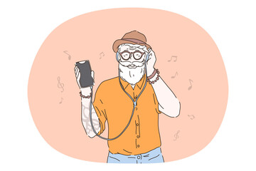 Hipster, listening to music in headphones concept. Smiling bearded hipster man cartoon character in hat and sunglasses enjoying listening to music in headphones connected to smartphone