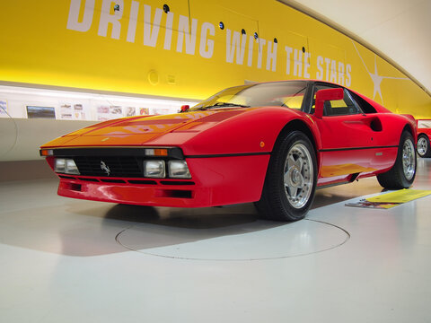 MODENA, ITALY-JULY 21, 2017: 1984 Ferrari 288 GTO in the Enzo Ferrari Museum in Modena, Italy. A GTO owner was Rolling Stones front man Mick Jagger.
