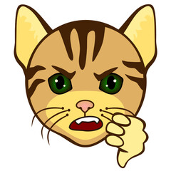 dissatisfied cat with frowned face that is giving a thumbs down with almost open palm and lowered big finger on left hand, unsatisfied kitty throws a dis or dislike