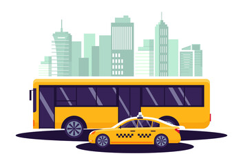 Fototapeta na wymiar Vector illustration with bus and taxi. Urban transport concept. Against the background of the city