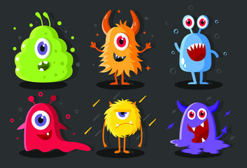 Collection monsters with electrical, toxical, frost, horrible elements for halloween. Concept set creatures for event. illustration.