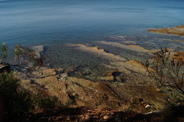 Sunny day in October 2016. Autumn on the coast of Pula, Istria, Croatia. View on Adriatic sea. Rocks.