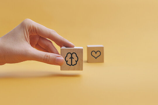 Wooden cubes with images of the brain and heart. A choice between the mind and the senses. The choice in favor of reason