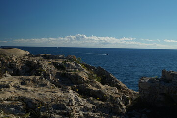 Sunny day in October 2016. Autumn on the coast of Pula, Istria, Croatia. View on Adriatic sea. Rocks.