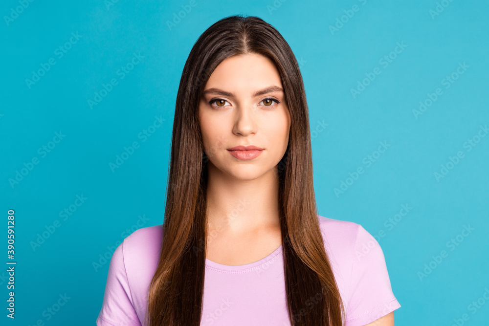 Sticker Photo of confident young lady wear casual outfit violet t-shirt isolated blue color background