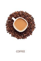 Cup of coffee surrounded by coffee beans on white background