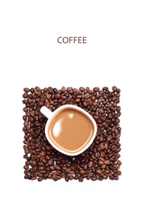 Cup of coffee surrounded by coffee beans on white background