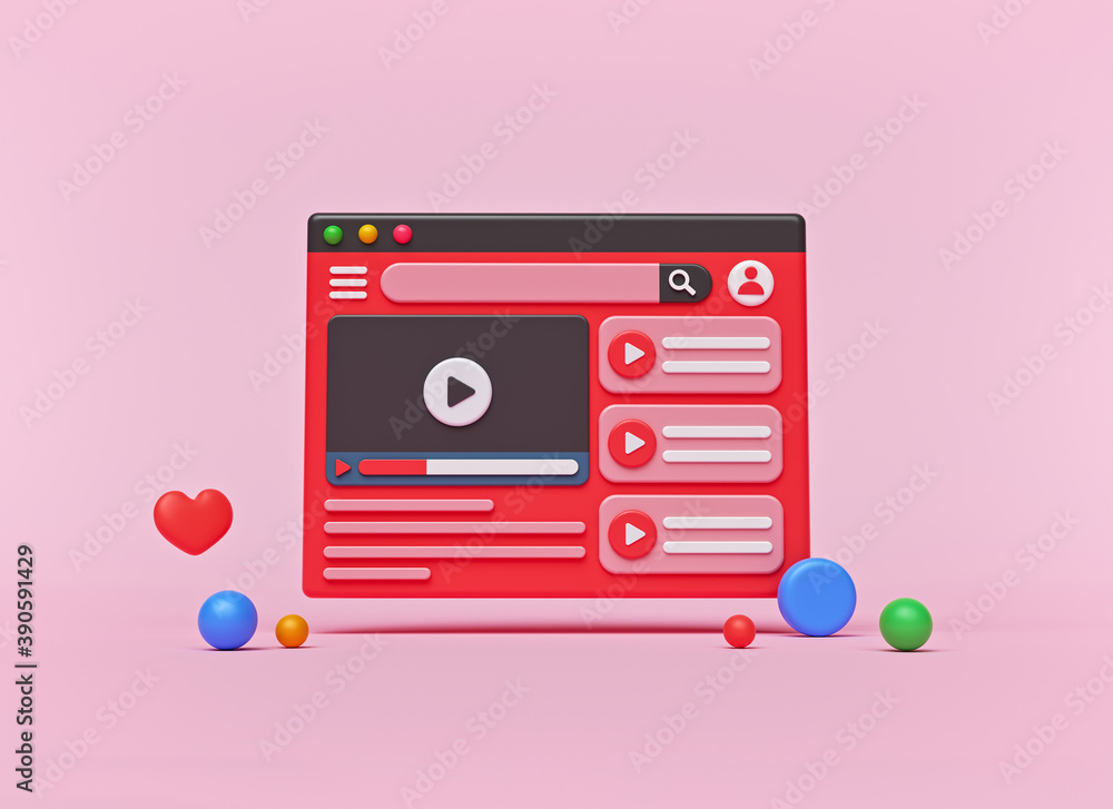 Poster cartoon style video player interface . social media concept. video channel, web video content. minim