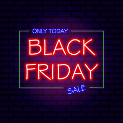 Fototapeta na wymiar Black Friday sale. Black Friday neon sign on brick wall background. Glowing white and red neon text in green frame for advertising and promotion. Banner and background, brochure and flyer design