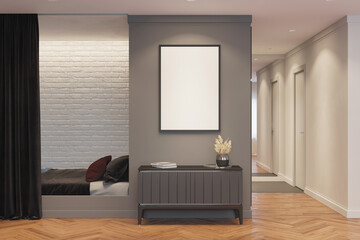 A room with a vertical poster above a gray curbstone with decor, next to it is a niche with a bed and a curtain. There is a corridor with a mirror and a door in the background. 3 render