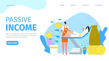 Passive income landing page vector illustration. Money, girl resting, lying on the couch at cosmetologist office, while making money online. Passive income, investment, finance savings.