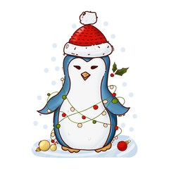 Penguin in a hat with a Christmas garland. The Christmas illustration can be used as a postcard or as a sticker.