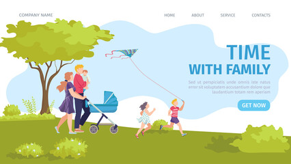 Naklejka premium Landing Page happy time with family vector illustration. Parents and diverse children jogging together in green summer park. Active and healthy recreation for family. Happy childhood website.