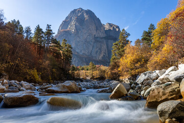 Caucasian mountain landscape. Tsey gorge. The mountain Monk (Monakh) and the river Tseydon. Republic of North Ossetia-Alania, Russia