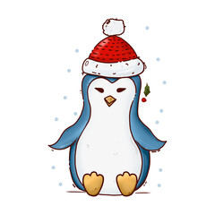 Cartoon illustration of a sitting penguin with snowflakes.