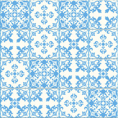 Majolica pottery tile, blue and white azulejos, original traditional Portuguese and Spain decor. Seamless patchwork tile with Victorian motives. Vector illustration.