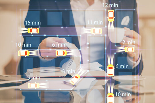 Human hands background and autonomous self drive pilot vehicle concept. Multi exposure.