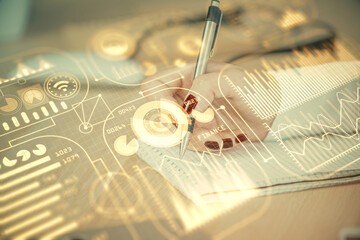 Technology theme hologram over woman's hands taking notes background. Concept of Tech. Double...